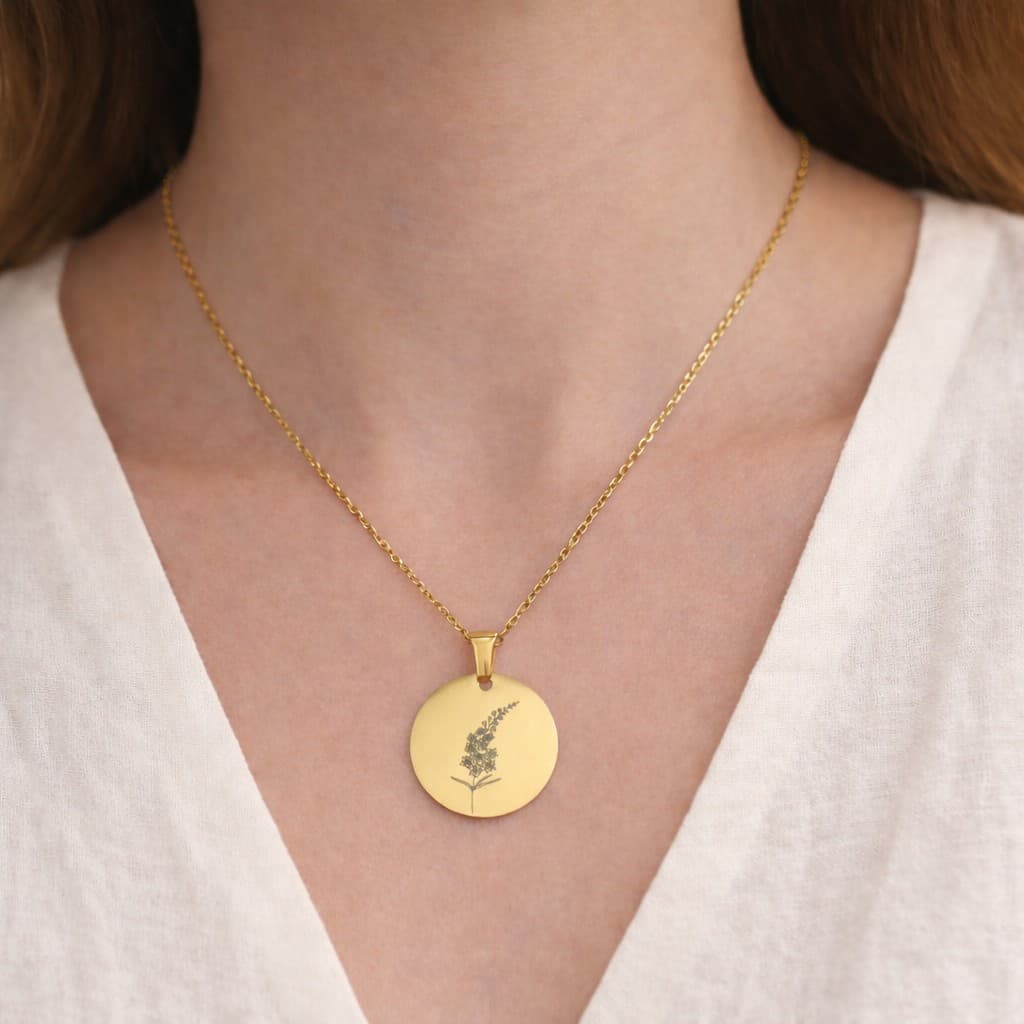 Graveerbare Munt Ketting met Geboortebloem — alternatieve afbeelding